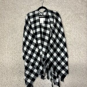 David and Young Buffalo Plaid Blanket Poncho Shawl with Belt One Size Black